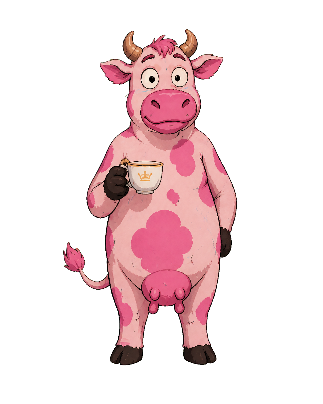 A surprised pink cow holding a teacup
